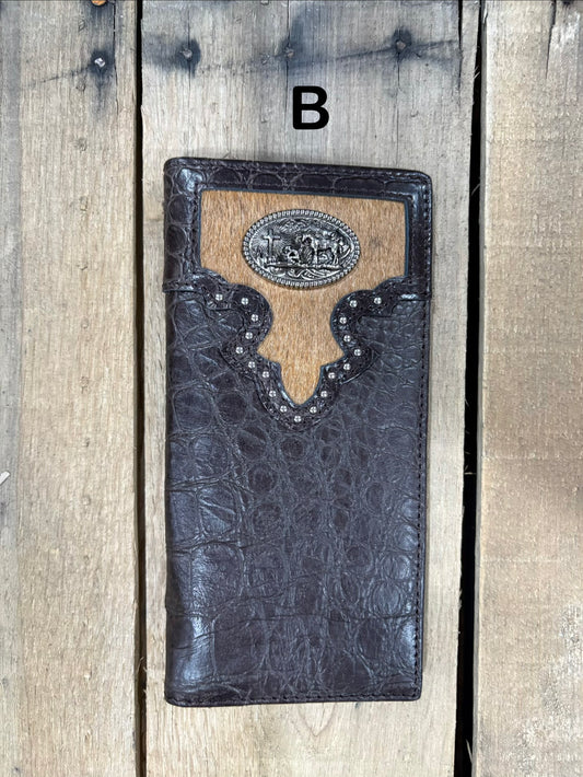 Coffee Brown alligator print checkbook wallet with a cowhide inlay featuring a Praying Cowboy Concho. Front View