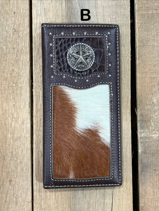 Coffee brown leather wallet with star concho design on a wooden surface