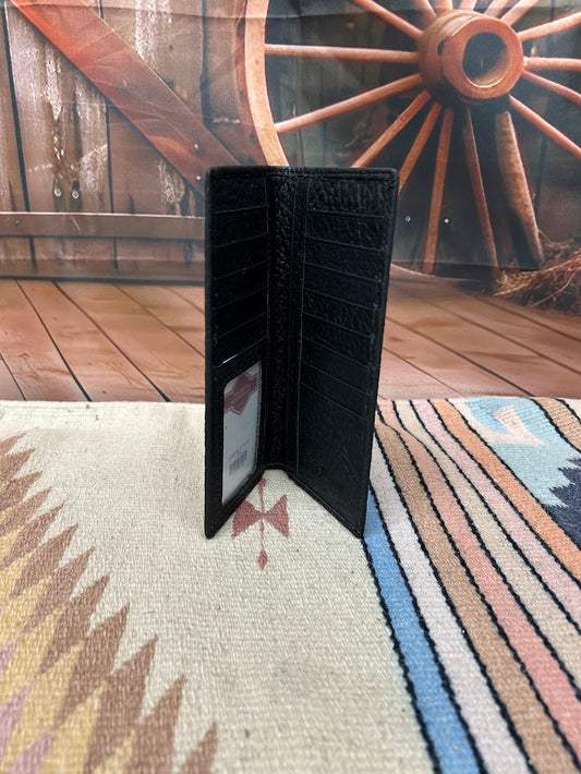 Black pebbled leather tall wallet. Inside view showing multiple card slots and a ID window.