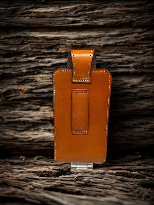 Light Brown leather phone case with a embossed Praying Cowboy design. Rear view showing belt loop.