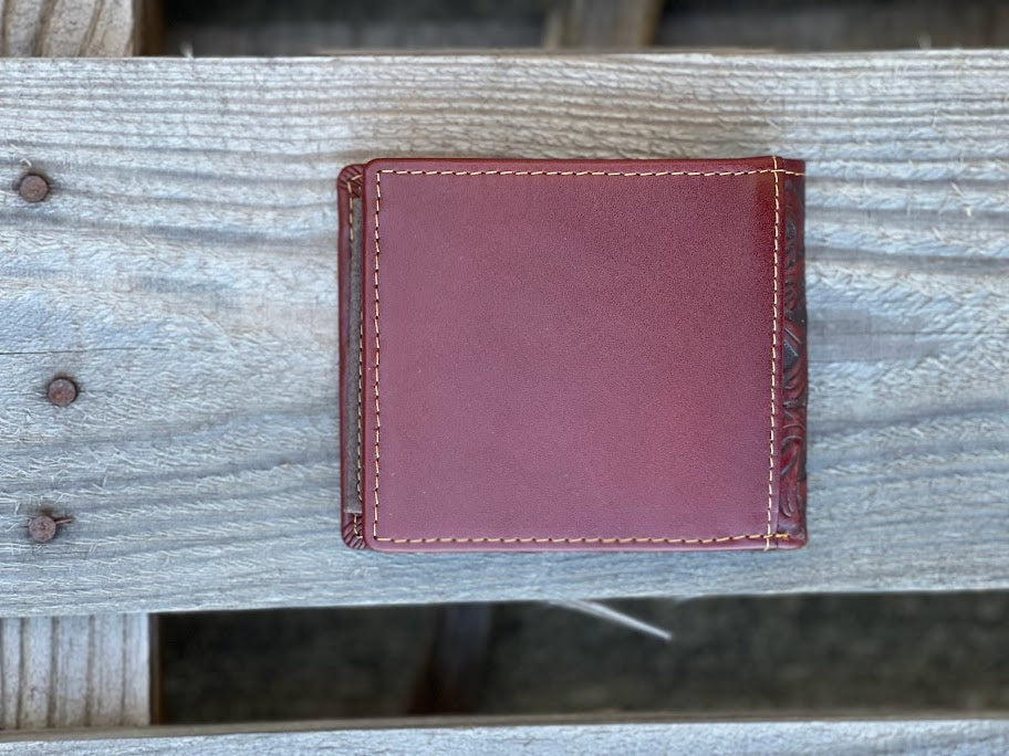 Brown bifold leather wallet. Rear View
