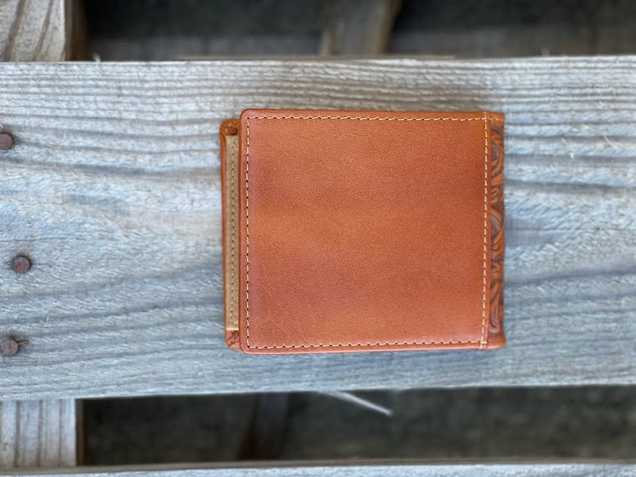 Light brown bifold wallet. Rear View