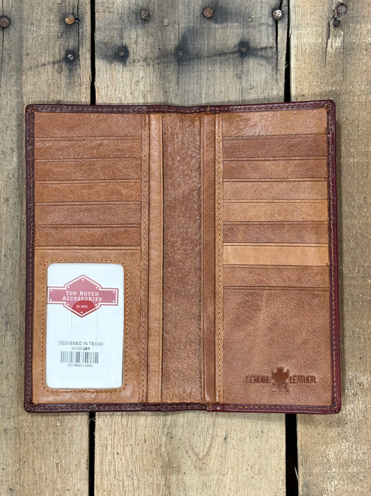 Inside View of Brown leather wallet with a brand label on a wooden surface