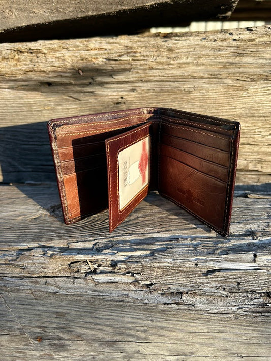 This Coffee Brown leather bifold wallet features a intricate tooled leather pattern with a Beige inlay. Inside view showing card slots, and dual ID window.