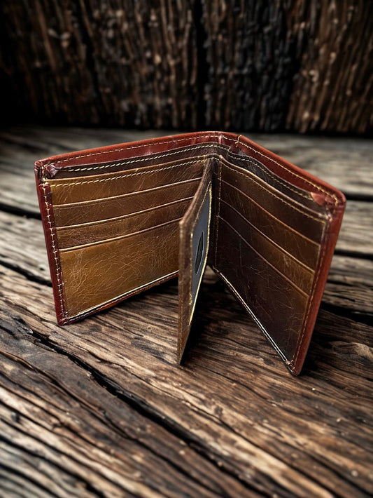 This Brown tooled leather bifold wallet. Inside view showing multiple card slots and a dual ID window.