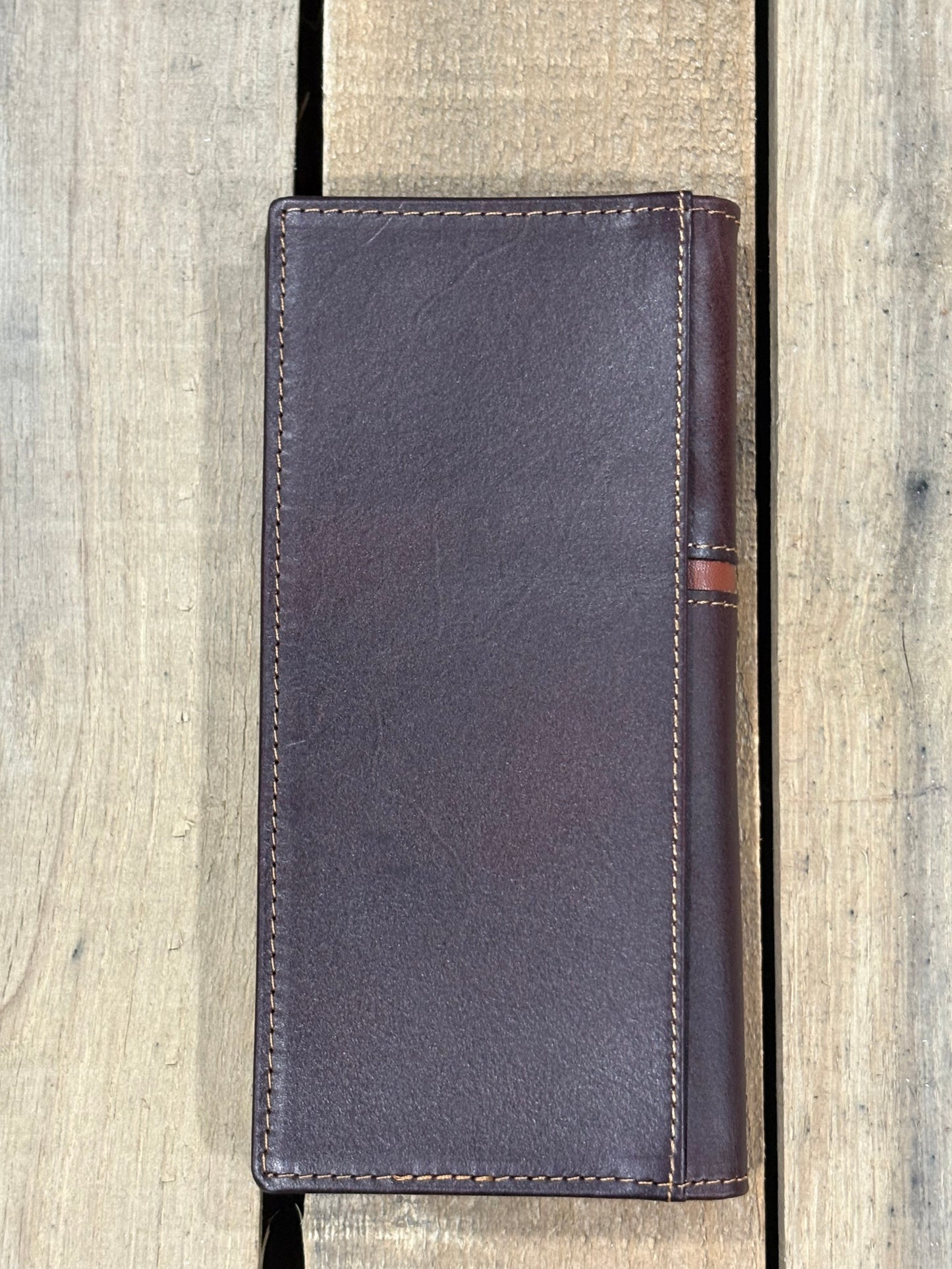 Brown leather wallet on a wooden surface