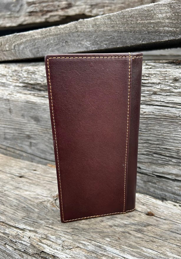 Coffee Brown basketweave leather tall wallet with intricate tooled design with a Beige inlay. Rear view showing a additional bill slot.