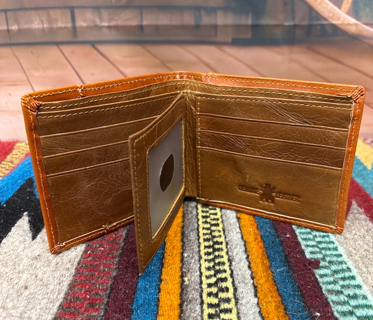 This Brown leather bifold wallet. Inside view showing multiple card slots, and a dual ID window.