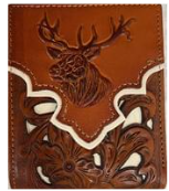 Close up of a Brown leather wallet with deer head design on a white background