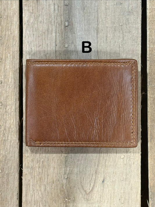 Brown smoothe leather wallet on a wooden surface