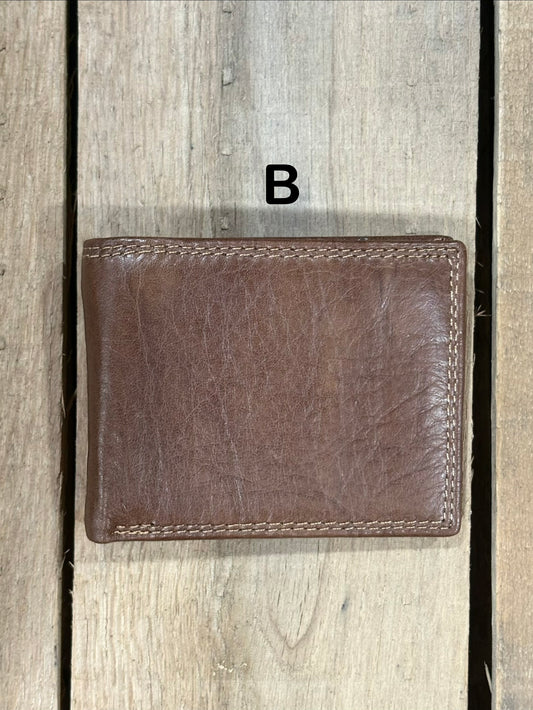 Coffee Brown smooth leather wallet on a wooden surface