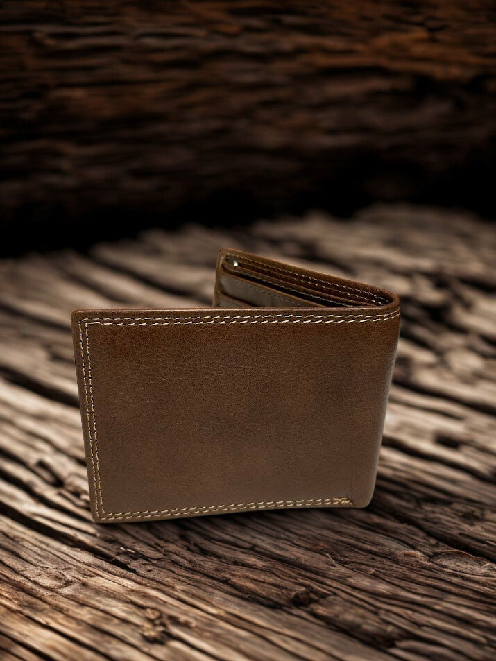 Coffee Brown smooth leather bifold wallet. Rear view