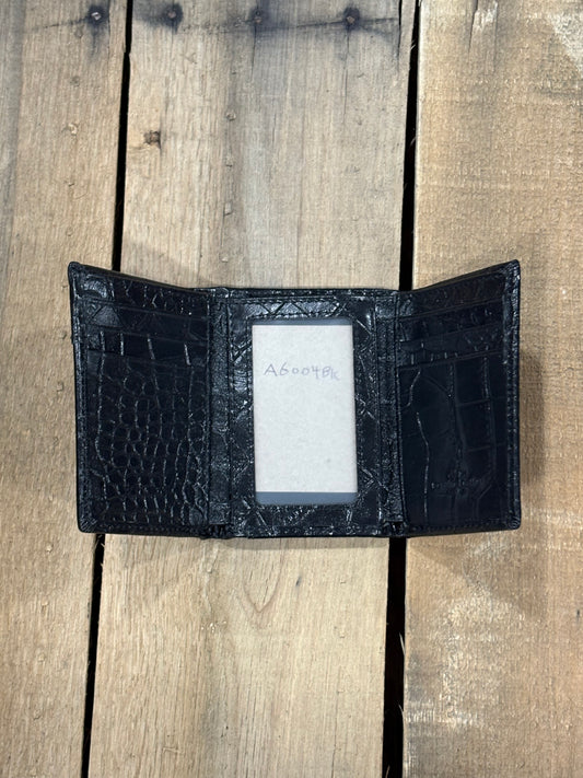 Black alligator print leather trifold wallet with a inside view of a ID window slot in the center and six card slots on the sides