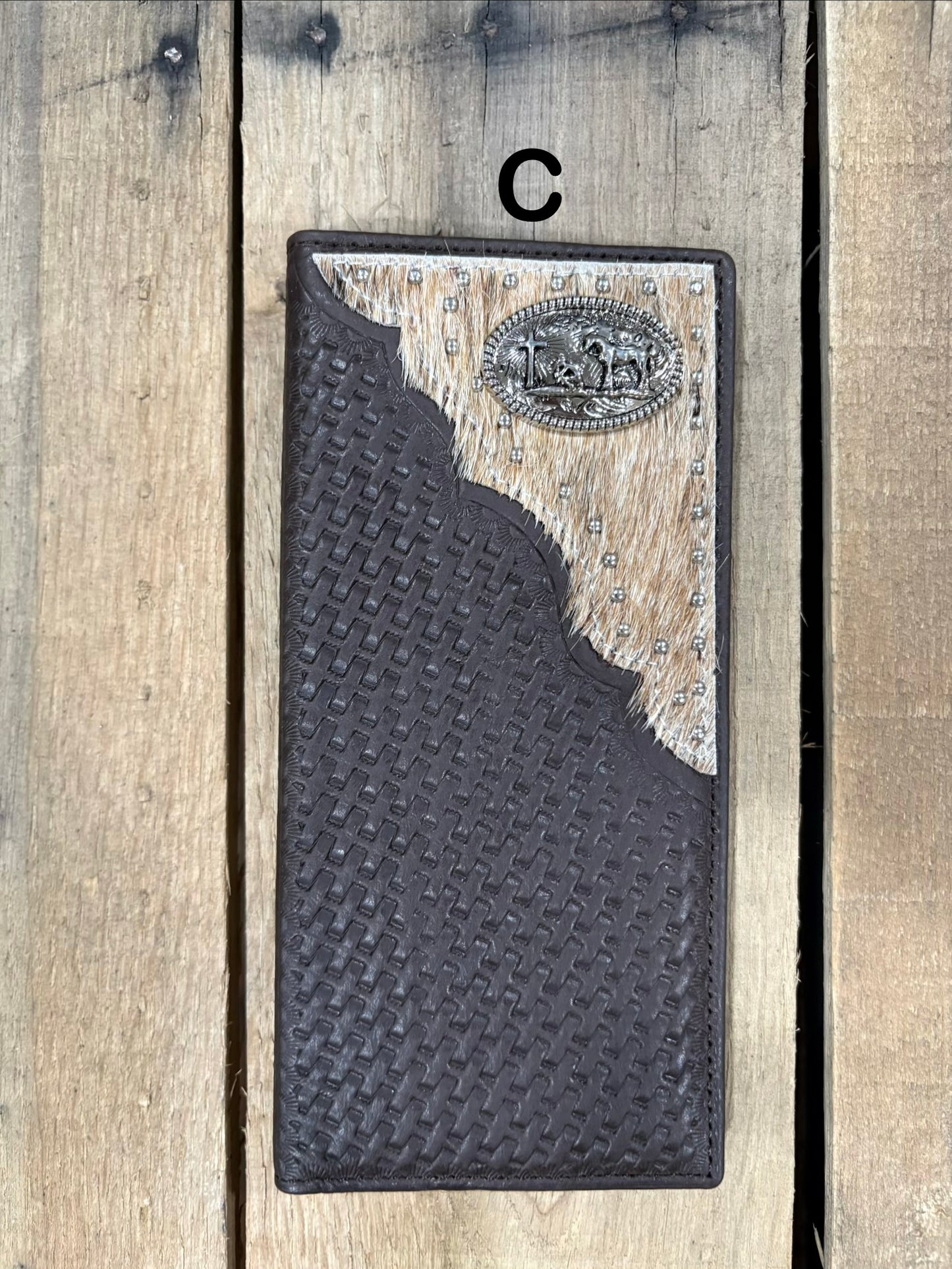 Top Notch Accessories Coffee Brown Basketweave Leather Tall Checkbook Wallet with Praying Cowboy Concho