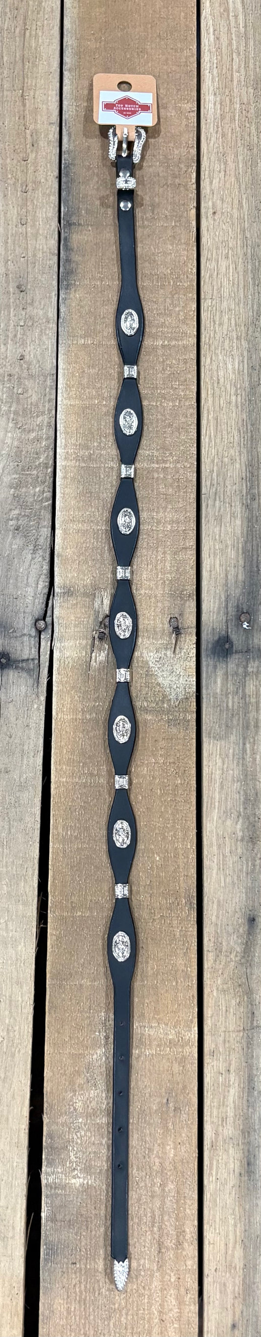 Black western leather hat band with a Bull Rider Concho separated by Silver bands.