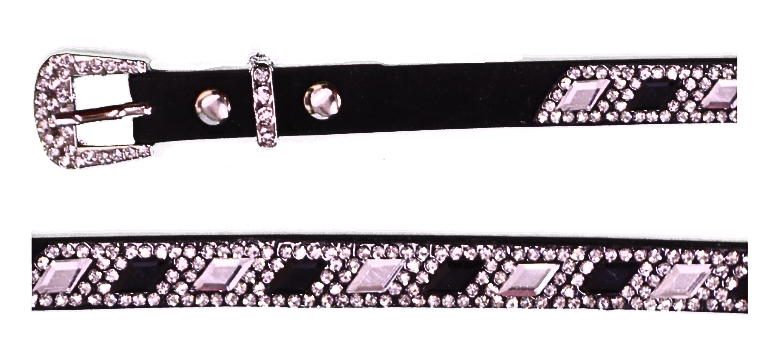 Black leather hat band with Black and Clear diamond shaped crystals. It features a buckle for a adjustable fit.