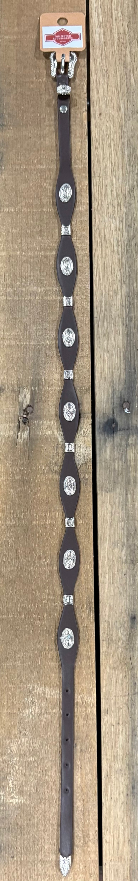 Coffee Brown western leather hat band with a Praying Cowboy concho separated by Silver bands.