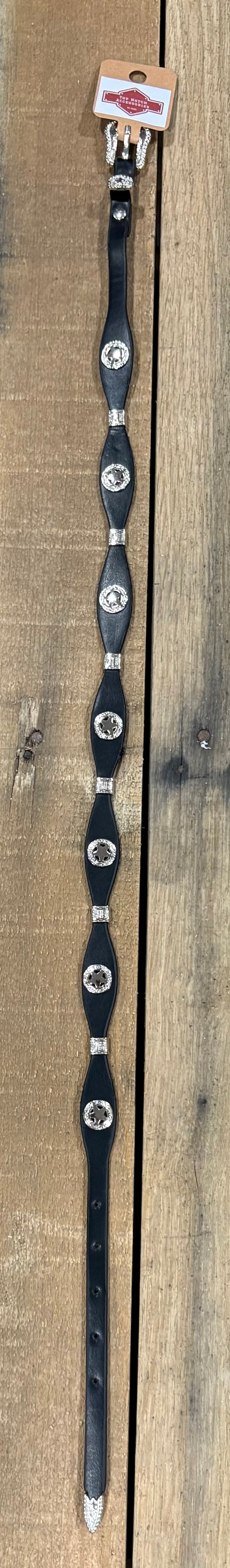 Black western leather hat band with a Star concho separated by Silver bands.