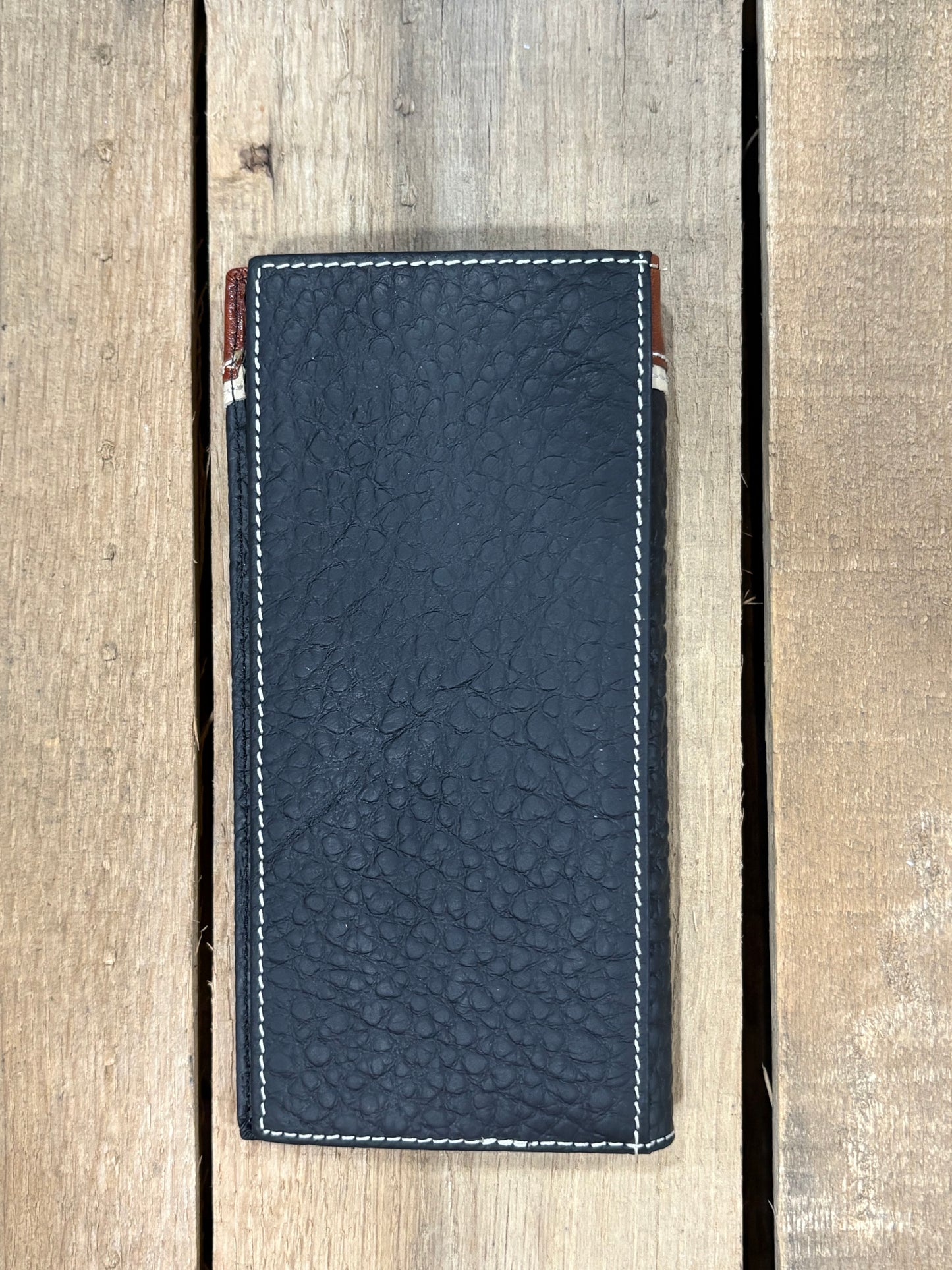 Black leather checkbook wallet. Back View