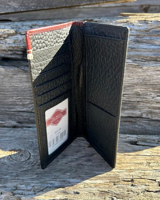 Black leather checkbook wallet. Inside view showing ID window, and multiple card and cash slots.