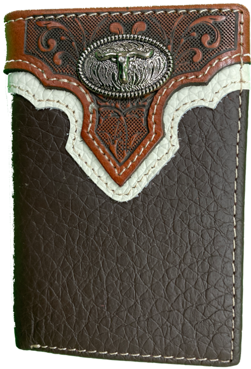 Coffee Brown leather trifold wallet with a Brown embossed overlay featuring a Longhorn Concho. Front View