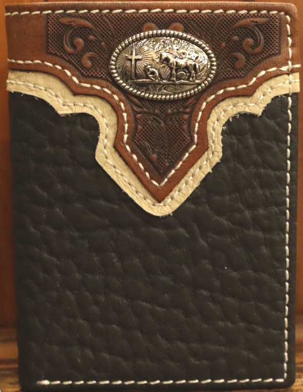 Close up of a Black pebbled leather Trifold wallet with embossed Brown overlay featuring a Praying Cowboy Concho. Front View