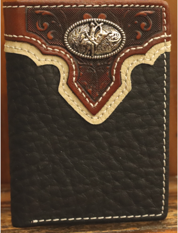 Close up of a Black pebbled leather trifold wallet with a brown leather overlay featuring a Bull Rider Concho. Front View