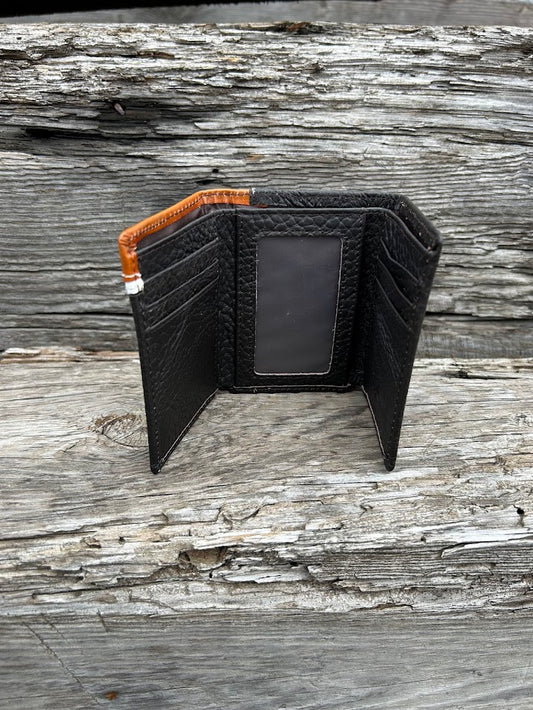 Coffee Brown trifold wallet with a embossed Brown leather overlay featuring a Cross Concho. Inside view showing a ID window and multiple card slots.