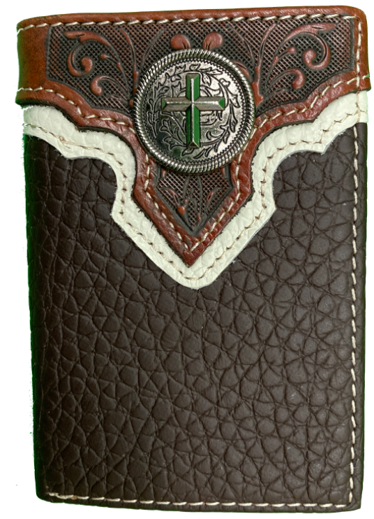 Close up of a Coffee Brown trifold wallet with a embossed Brown leather overlay featuring a Cross Concho. Front View