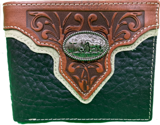 Black leather bifold wallet with Brown overlay and a Praying Cowboy Concho. Front View