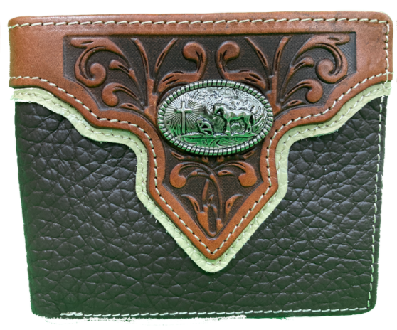 Coffee Brown leather bifold wallet with a embossed Brown overlay featuring a Praying Cowboy Concho. Front View