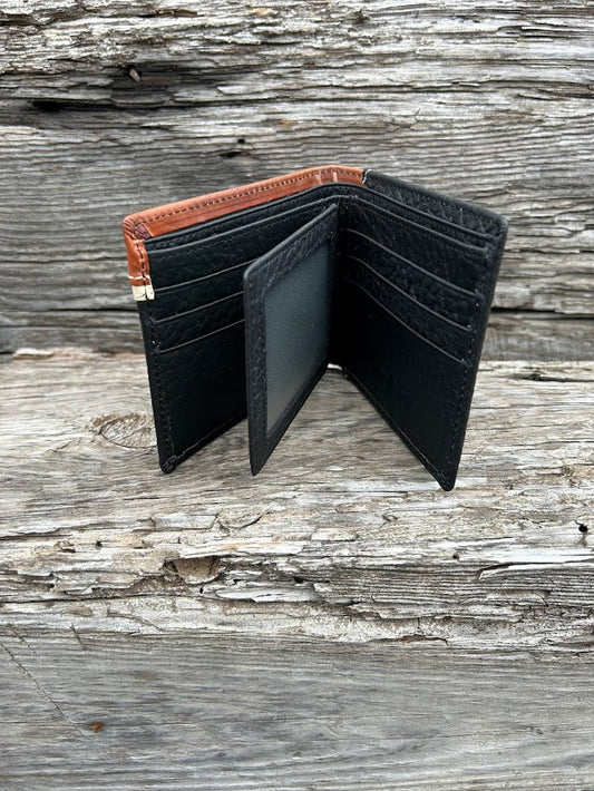 Black leather bifold wallet with embossed Brown overlay featuring a Bull Rider Concho. Inside view showing a dual ID window and multiple card slots.