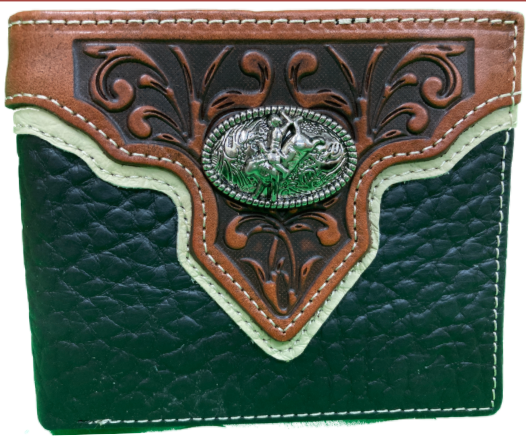 Black leather bifold wallet with embossed Brown overlay featuring a Bull Rider Concho. Front View