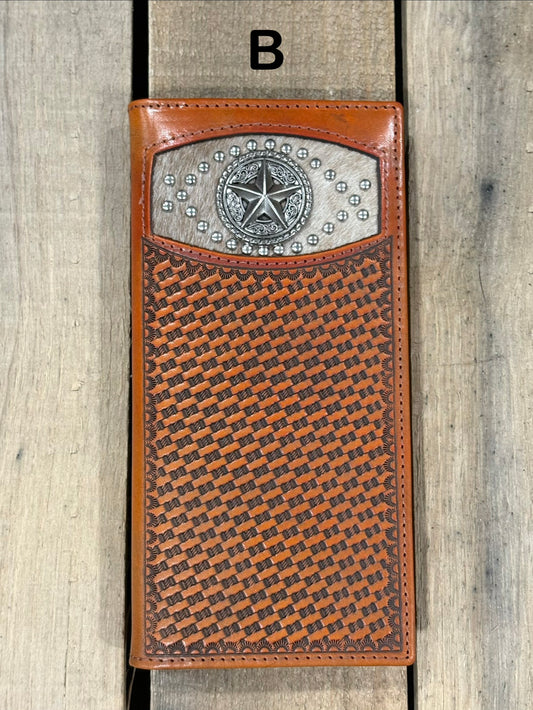 Brown leather wallet with star silver concho with embossed basketweave design on a wooden surface