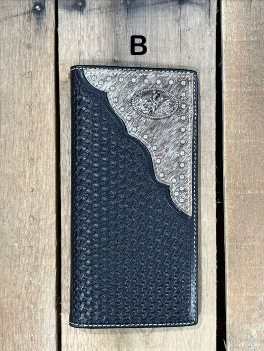 Black basketweave leather Tall wallet with a Bull Rider Concho on top right corner on top of Hair-On cowhide with Silver studs. Front View