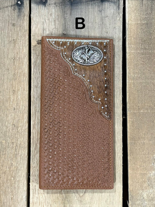 Brown basketweave leather Tall wallet with a Bull Rider Concho on top right corner on top of Hair-On cowhide with Silver studs. Front View
