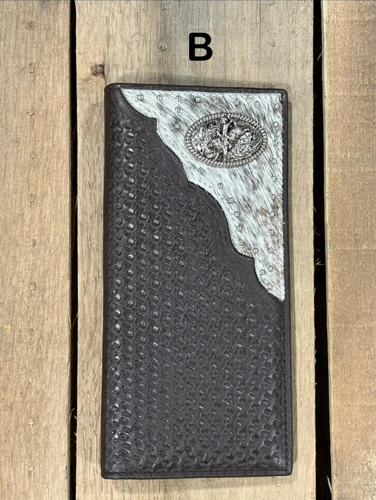 Coffee Brown basketweave leather Tall wallet with a Bull Rider Concho on top right corner on top of Hair-On cowhide with Silver studs. Front View
