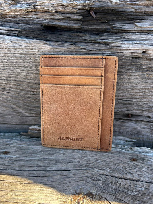 Light Brown crazy horse leather front pocket wallet with six card slots and a ID window. It has RFID blocking.