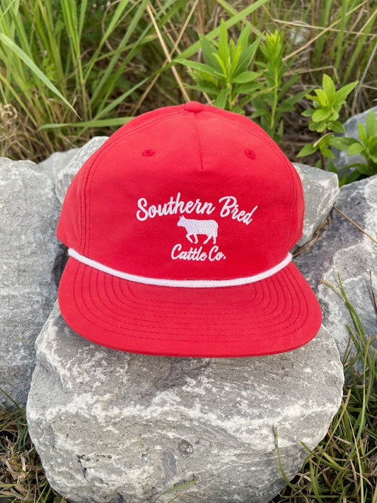 Red cap with 'Southern Bird Cattle Co.' logo on a rock with grass in the background