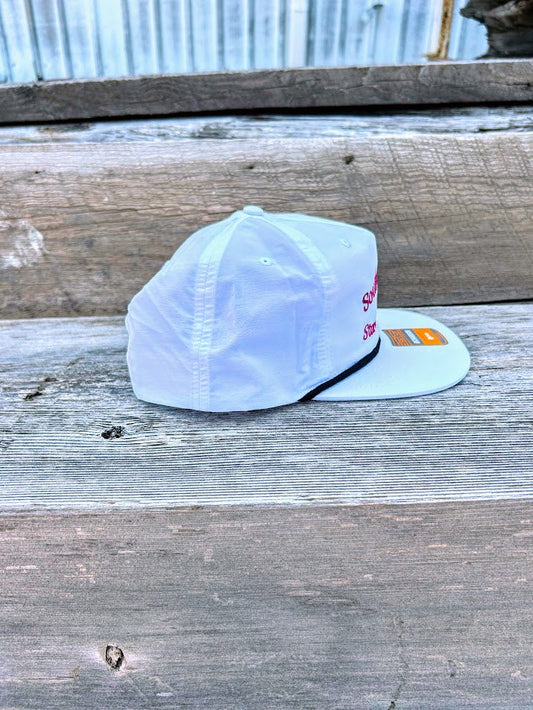 Southern Bred Apparel Co Starkville, MS white cap with black rope.
Side View