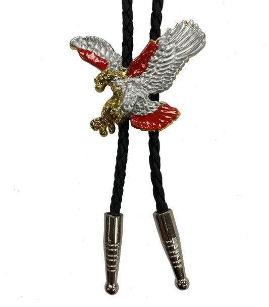 Bolo tie with an eagle design and red accents on a white background
