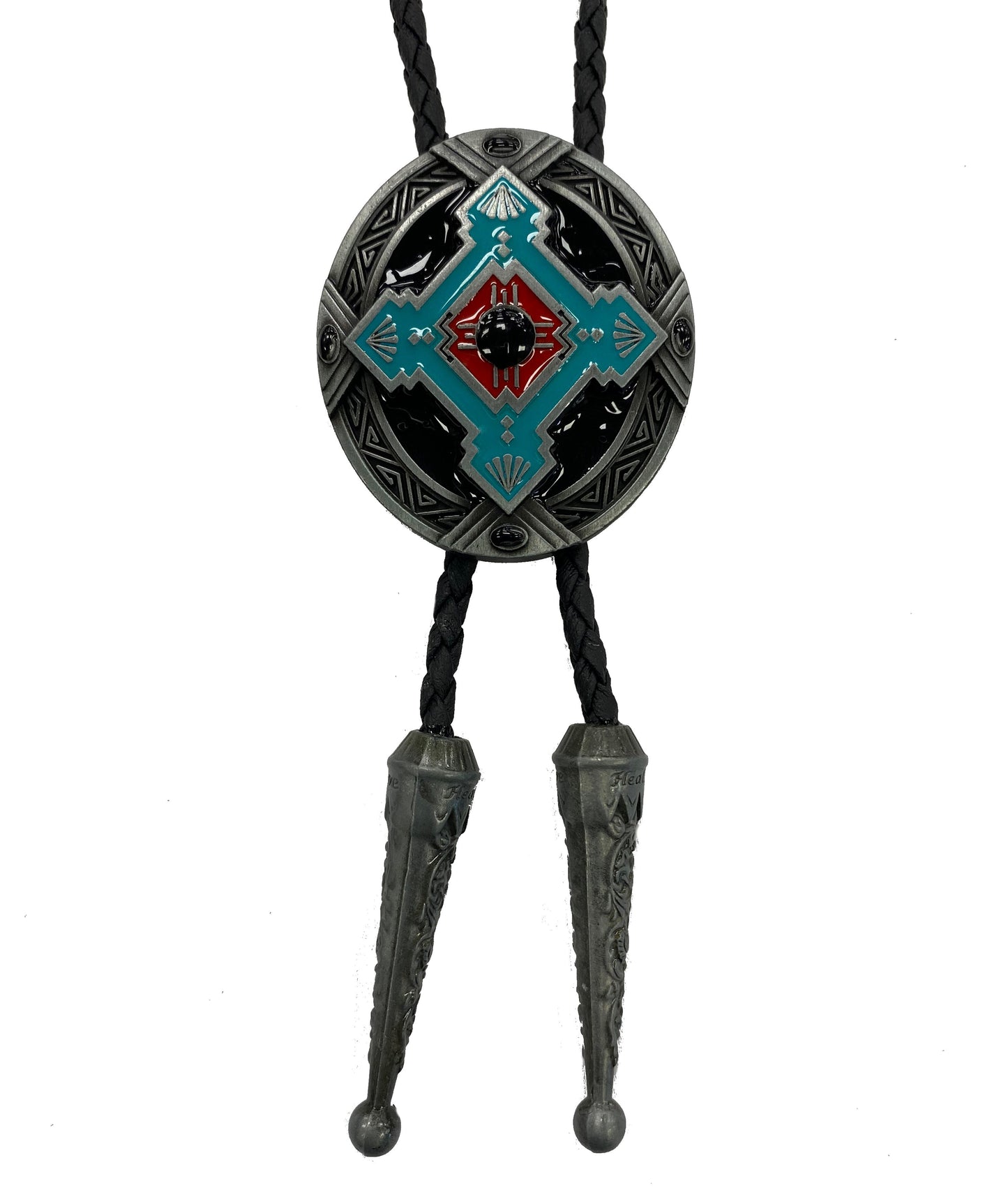 Decorative bolo tie with geometric Southwest design on a white background
