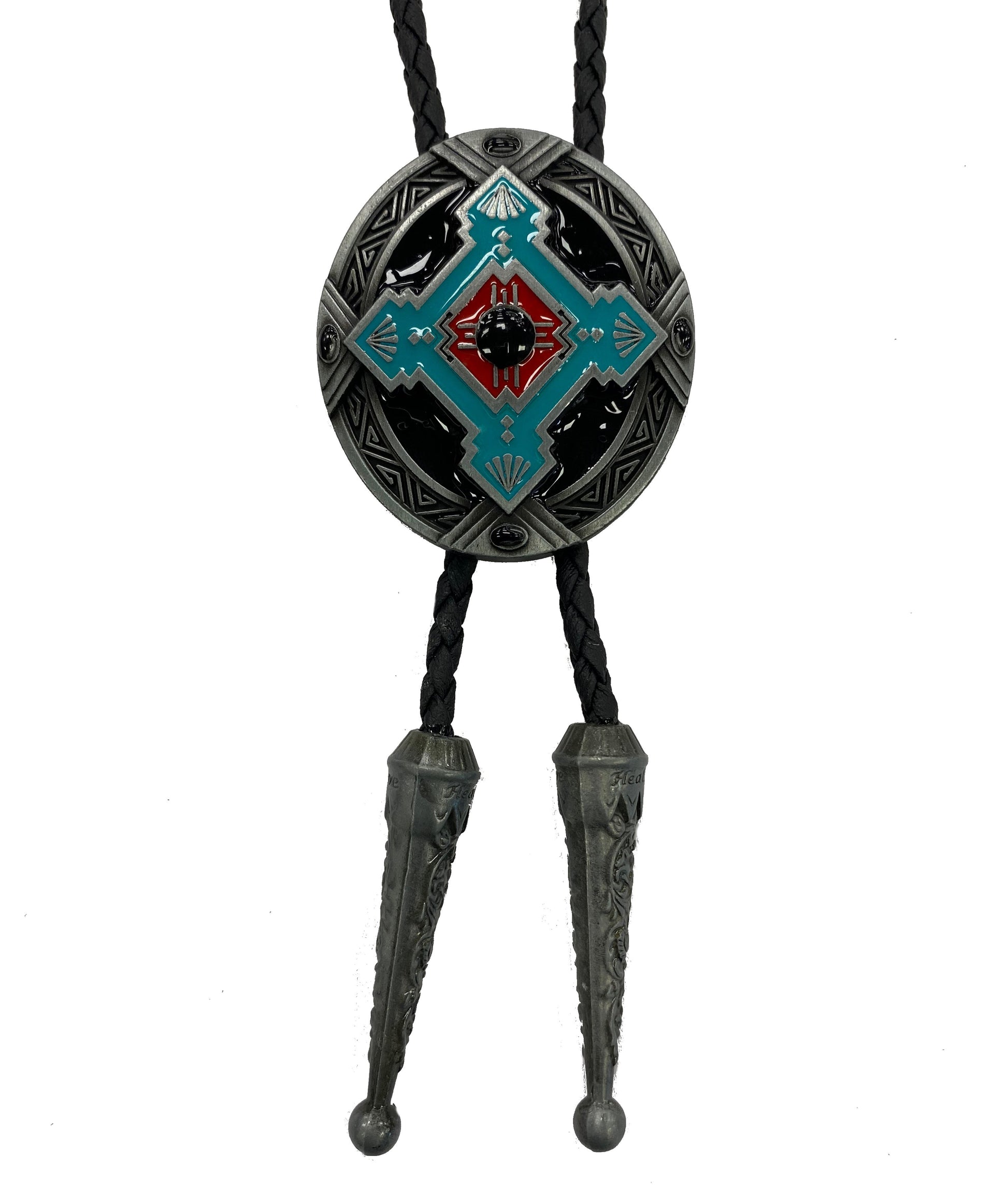 Decorative bolo tie with geometric Southwest design on a white background