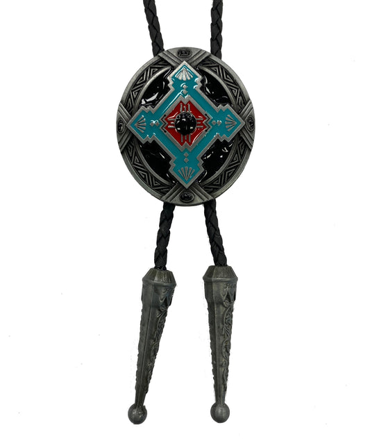 Decorative bolo tie with geometric Southwest design on a white background