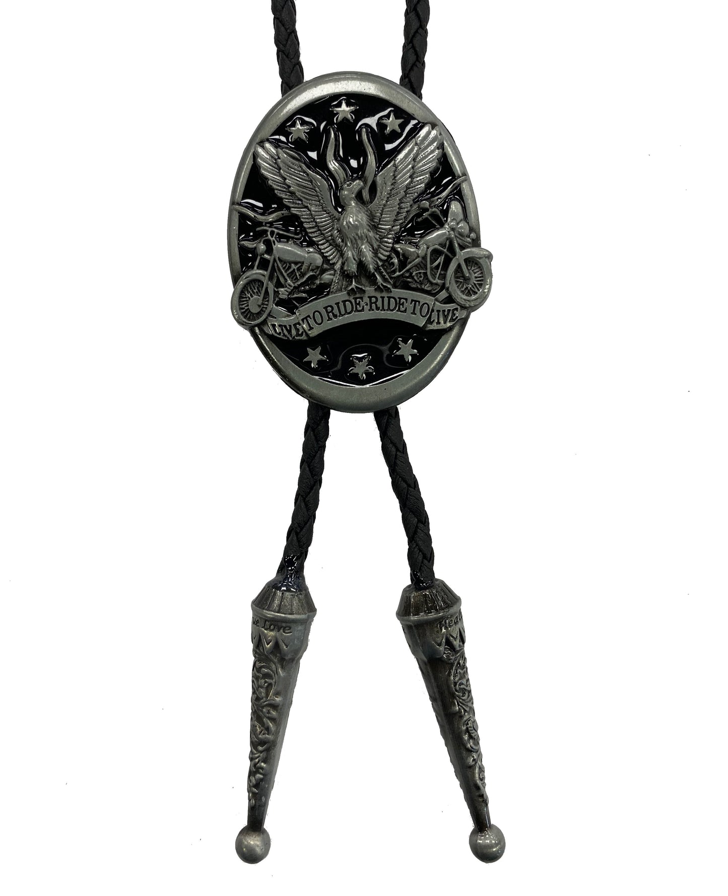 Bolo tie with eagle design and text on a white background