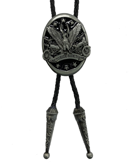 Bolo tie with eagle design and text on a white background