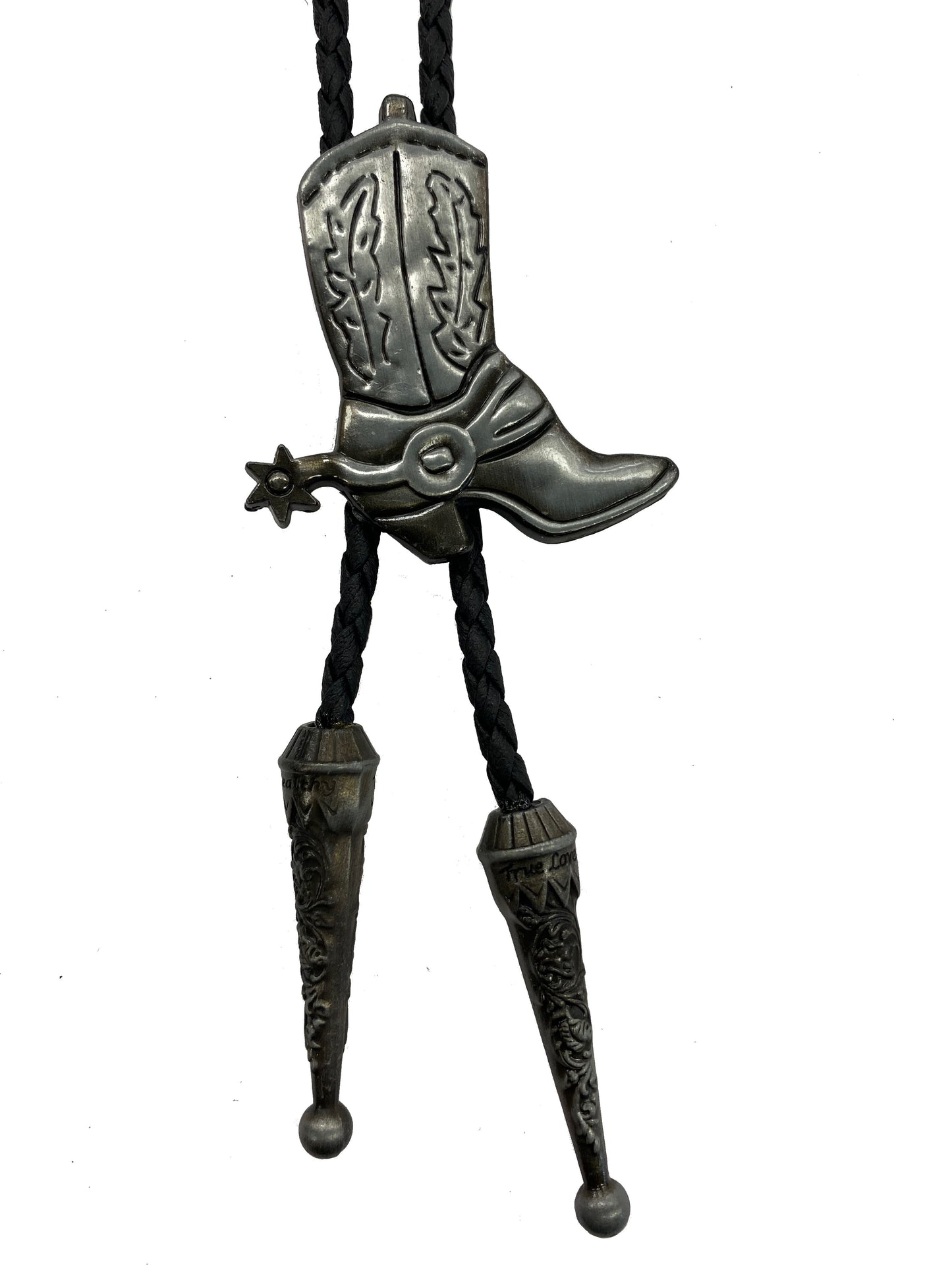 Metallic cowboy boot bolo tie on a white background