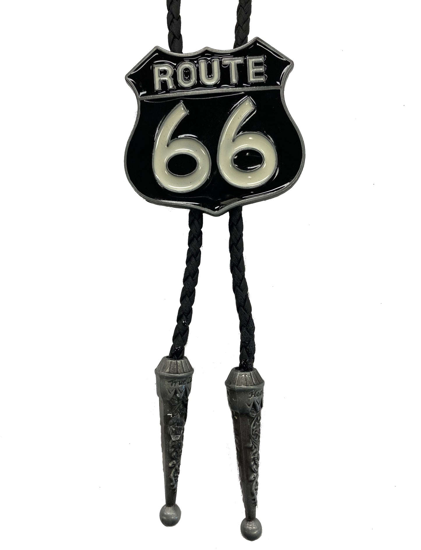 Bolo tie with Route 66 design on a white background