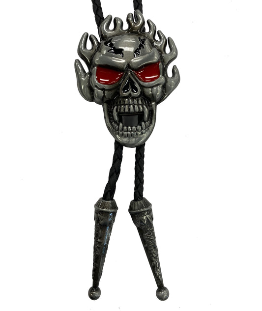 Skull-shaped bolo tie with red eyes on a white background