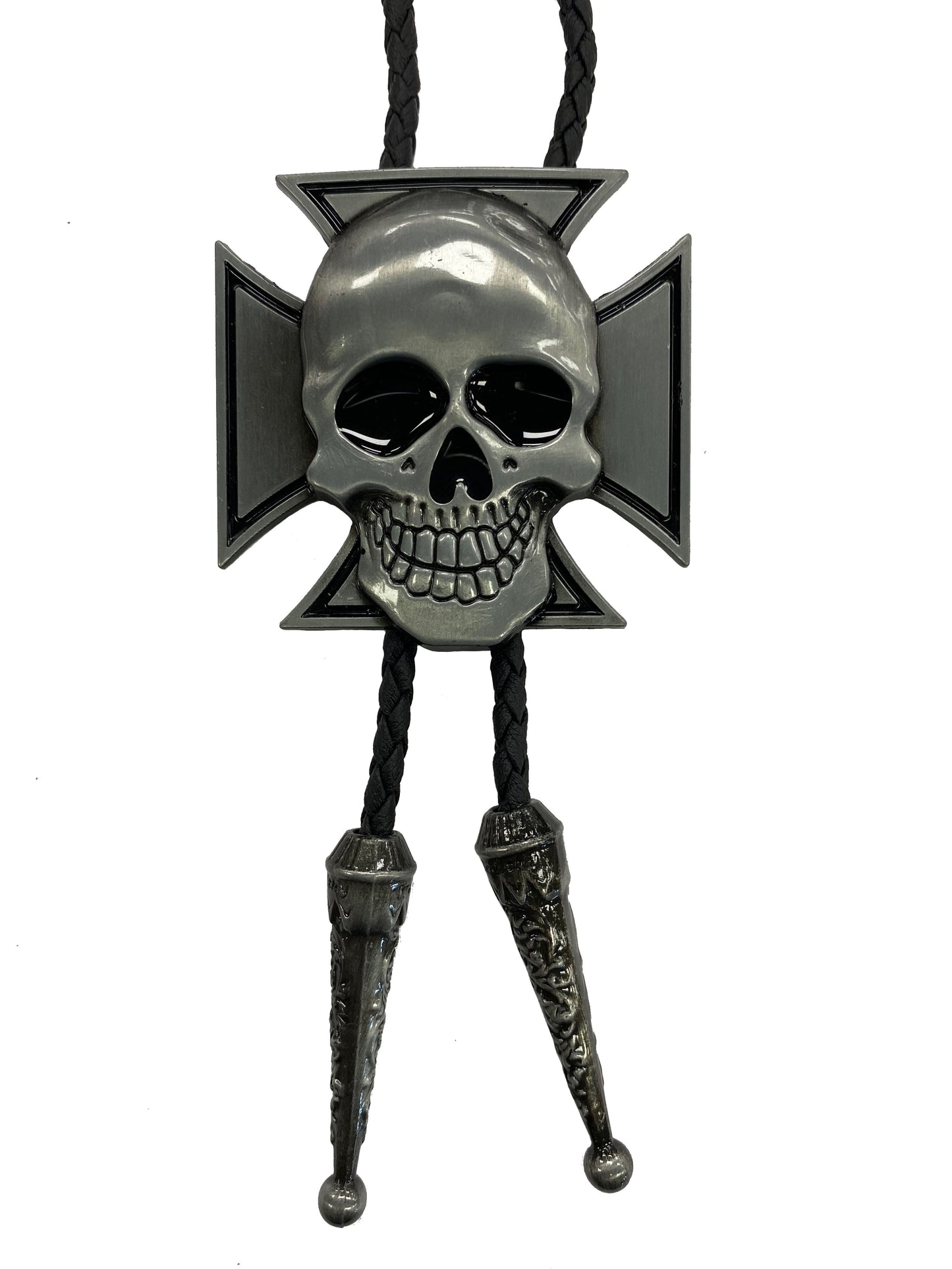 Skull and crossbones design on a bolo tie against a white background